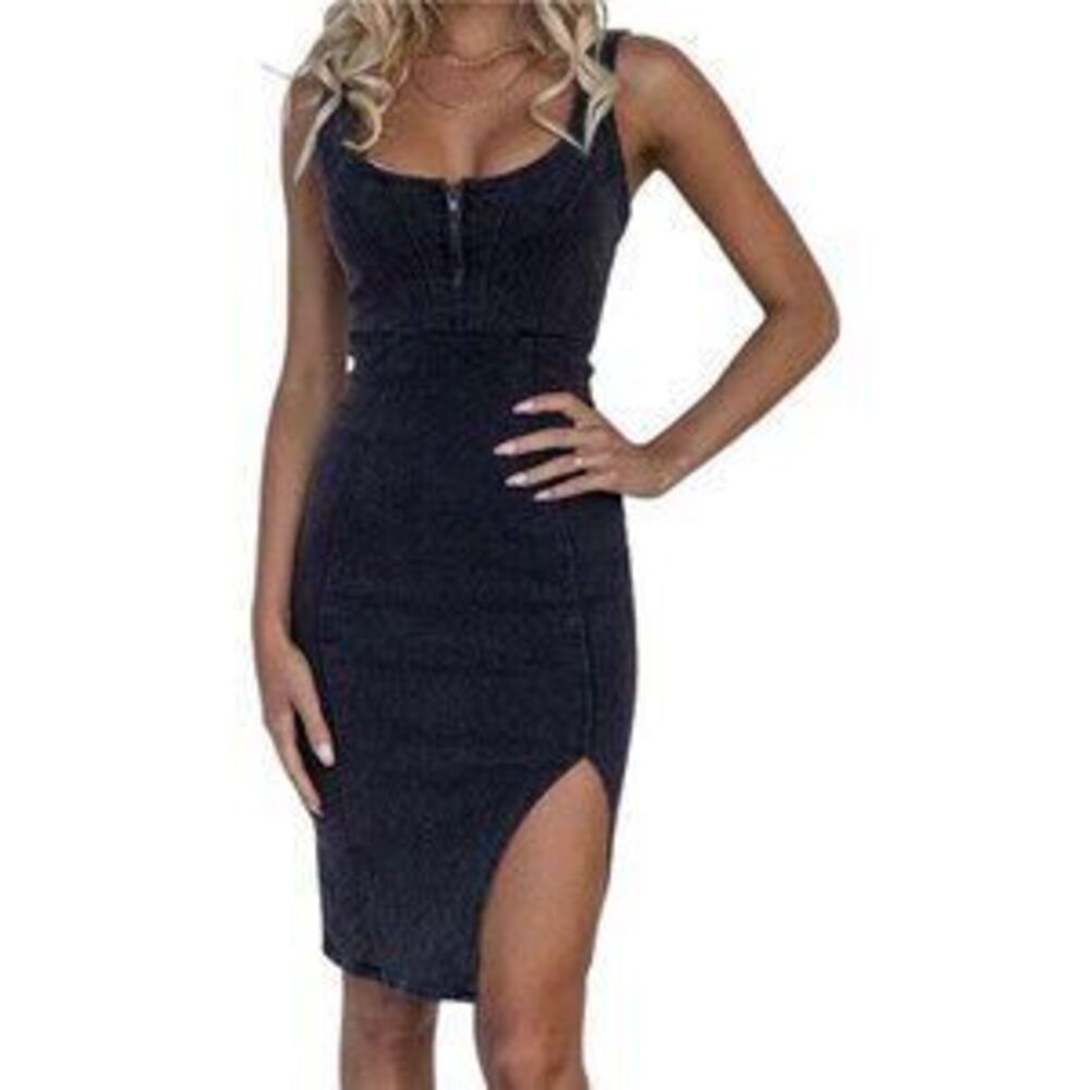 Women's Denim Dress Sleeveless Side Slit Bodycon Midi Jean Dress